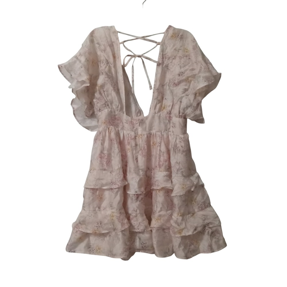 Storia Pink Floral Lace Up Back Tiered Ruffle Mini Dress Puff Sleeve Boho Small